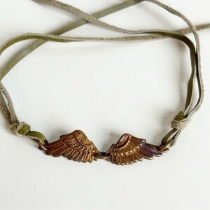Boho Leather Wrap Angel Wing Bracelet Green Copper